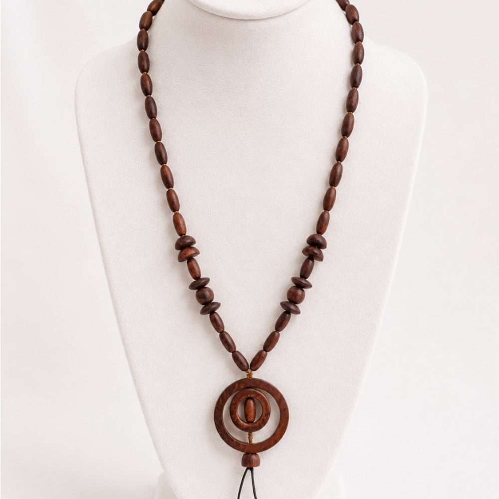 Boho Wooden Beaded Necklace with Geometric Circle Pendant